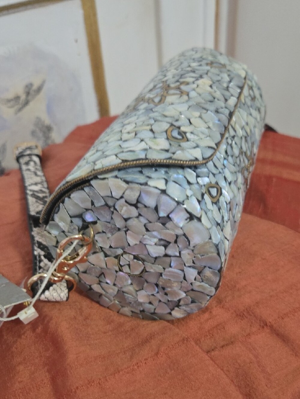 Vintage Mosaic Mother Of Pearl Cylinder Barrel Clutch Crossbody  Gold Ornaments - Picture 2 of 6